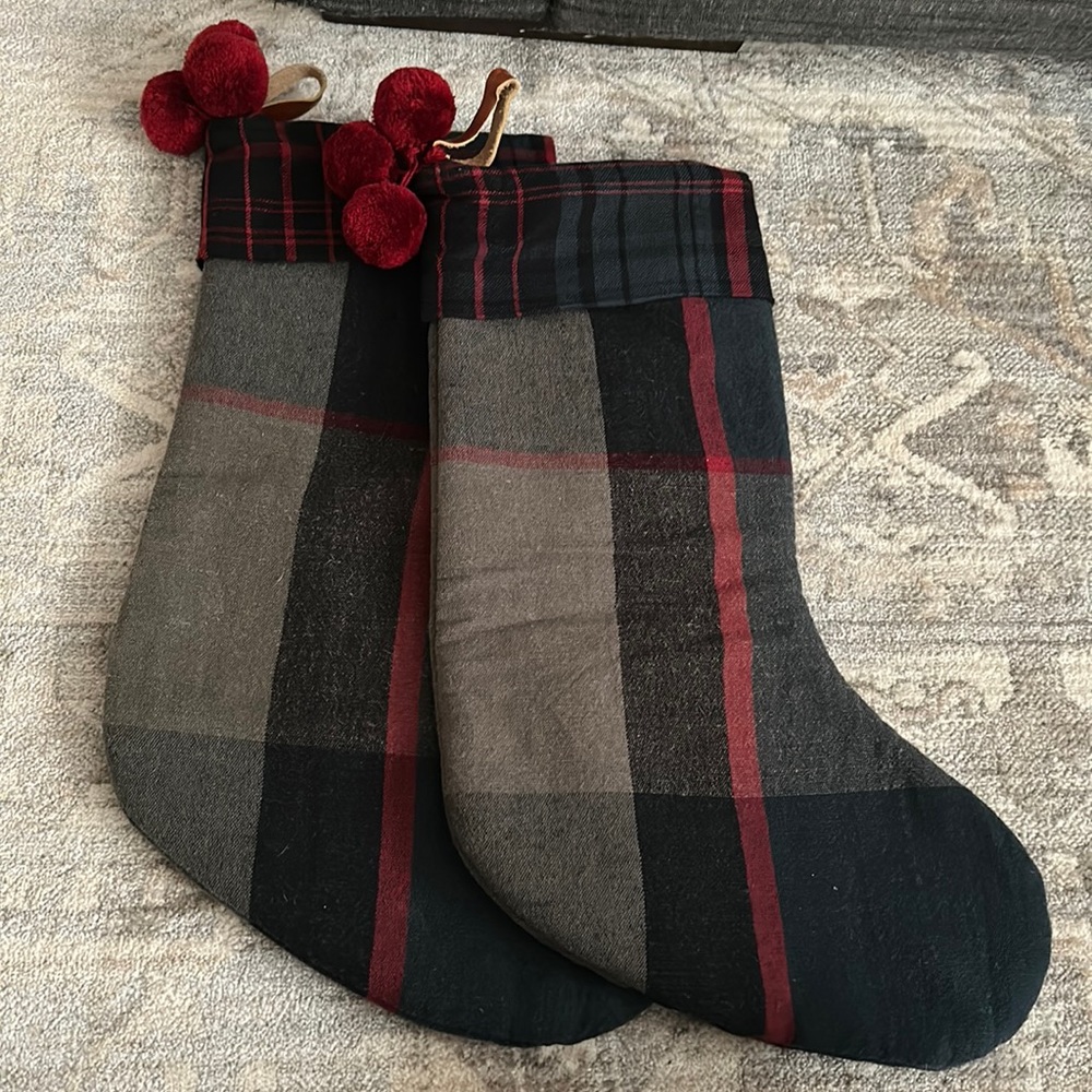 COPY - Heart and Hand gray, blue, red plaid stocking